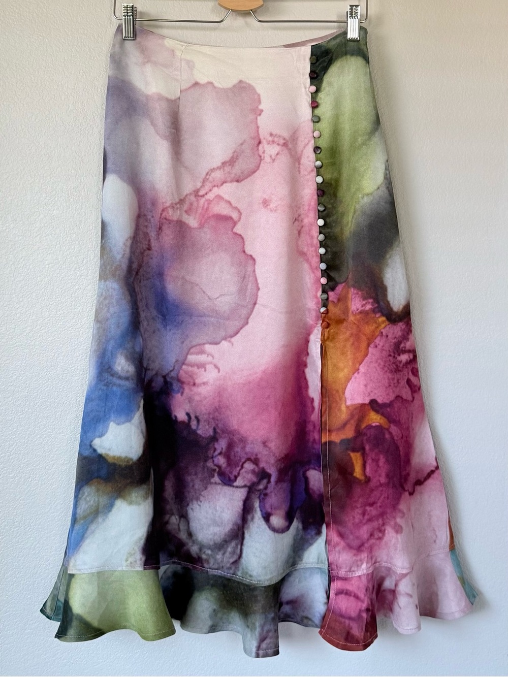 ANTHROPOLOGIE NWT M CONDITIONS APPLY Clania Watercolor Ruffle Trim Maxi Skirt - Picture 2 of 12